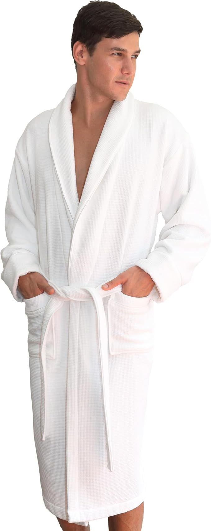Luxury Turkish Cotton Bathrobe for Women & Men, Waffle Terry Shawl Collar Spa Robe with Satin Trim & Pockets