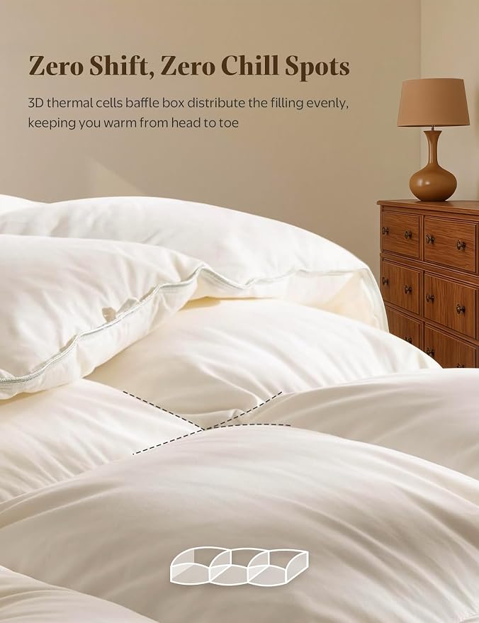 BPC Goose Feather Down Fiber Comforter King Size – 100% Organic Cotton Cover, 750 Fill Power Extra Fluffy All Season Duvet Insert with 8 Loops, Medium Warmth (106"x90", White)