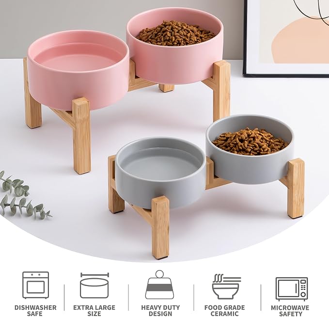 Elevated Ceramic Dog Bowl Set - Raised Dog Bowls with Non Slip Bamboo Stand, Food and Water Bowl Set for Kitty, Cats and Toy Breed Dogs, Pet Bowls, Weighted Dogs Dishes (5.1'', 2*16OZ, Grey)