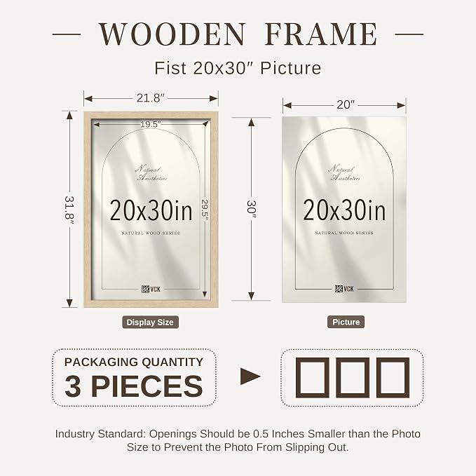 VCK 20x30 Poster Frame 3 Pack - Natural Oak Solid Wood, Exclusive Wood Grain Picture Frames, Wall Hanging
