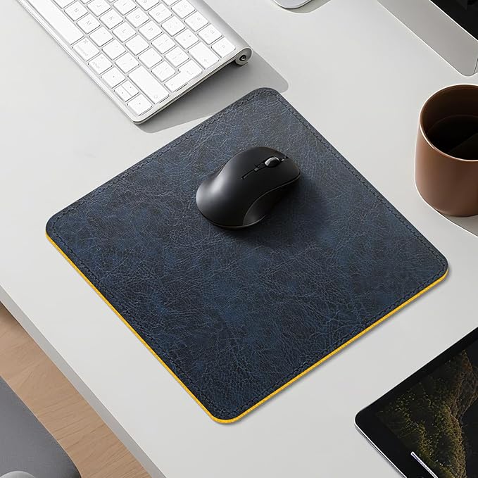 Imitation Crazy Horse Leather Desk Mat - Waterproof Desk Pad - Ideal for Large Mouse Pad and Desk Mats on Top of Desks (Dark Blue+Yellow, 11"*8")