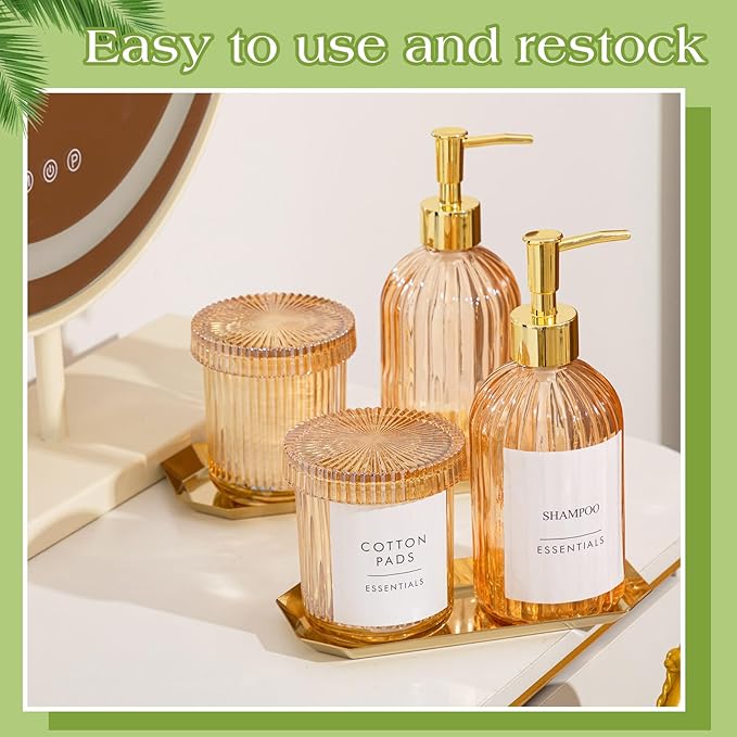 Yaomiao 7 Pack Amber Glass Bathroom Accessories Set, 2 Pcs Cotton Swabs Jar with Lids, 2 Pcs 18 oz Soap Dispenser with Pump and 2 Trays and Labels for Bathroom Kitchen Counter Organizer Vintage Gift