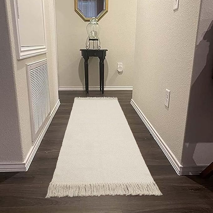 Collive 2x6 Runners for Hallway, Woven Reversible Washable Entryway Runner Rug, White/Beige Cotton Modern Farmhouse Laundry Room Carpet for Bathroom Sink Foyer Bedroom