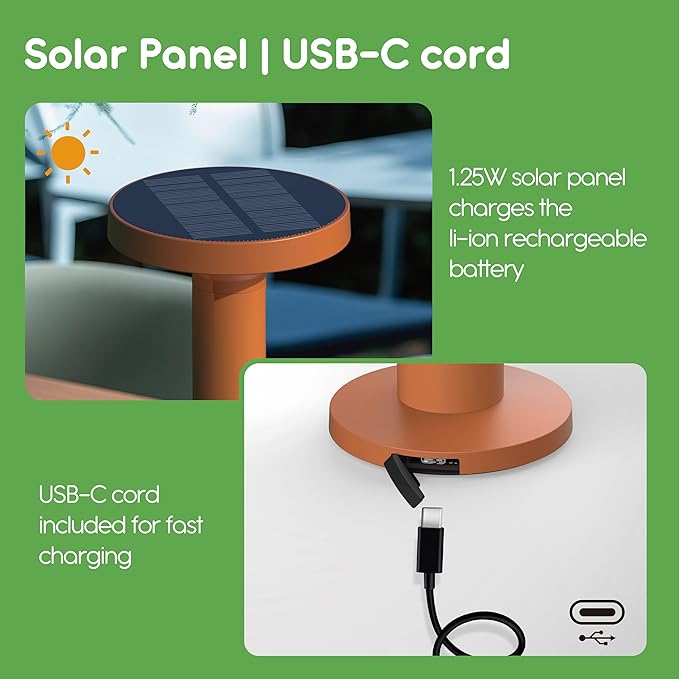 Round Solar Table Lamp – Portable LED Light with USB-C Charging & Solar Panel – Waterproof, Stepless Dimming for Outdoor/Indoor Use – Sand, 1 Pack