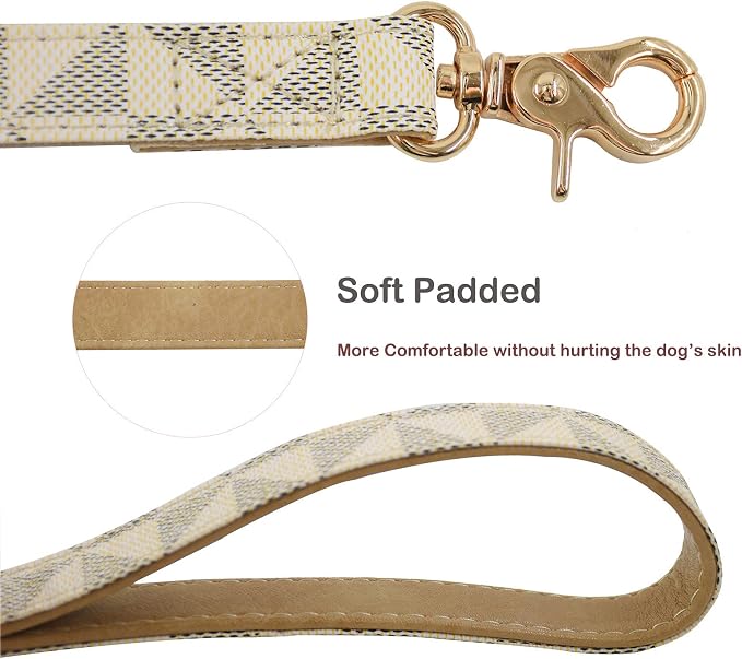 Leather Dog Collar and Leash Set, Check Pattern Dog Collar Leashes Metal Buckle Adjustable Durable for Small Medium Large Dogs (White, XL(18-22IN))