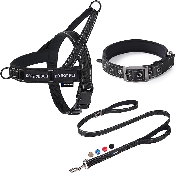 Annchwool No Pull Dog Harness,Heavy Duty Reflective Collar & Leash Set-Leash with Double Handle & Car Seatbelt Clip-Easy Control for Walking Training Medium Large Size Dogs(Black,XL)