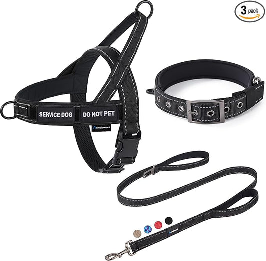 Annchwool No Pull Dog Harness,Heavy Duty Reflective Collar & Leash Set-Leash with Double Handle & Car Seatbelt Clip-Easy Control for Walking Training Medium Large Size Dogs(Black,L)