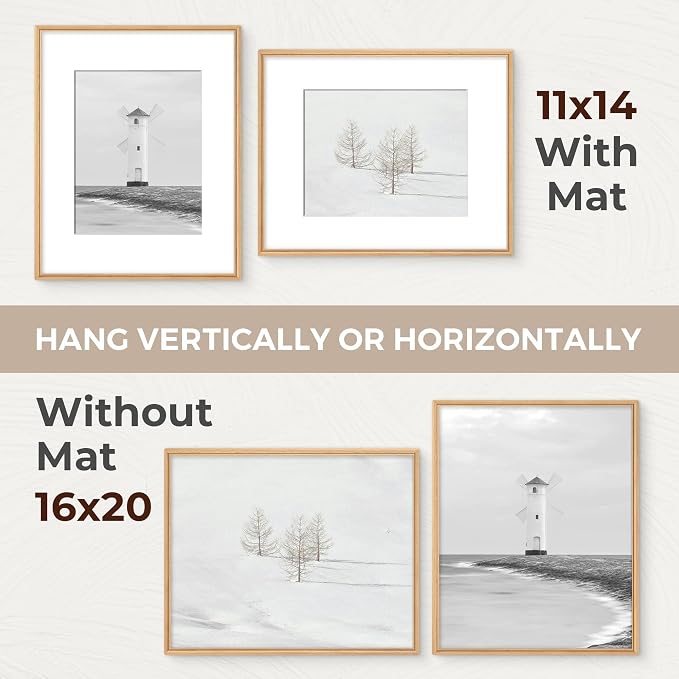 16x20 Picture Frame with Mat for 11x14, USA-Sourced Beech Wood Handcrafted Rounded Corner with HD Tempered Glass, 16 x 20 Gallery Wall Frames for Posters & Art Prints, Vertically or Horizontally