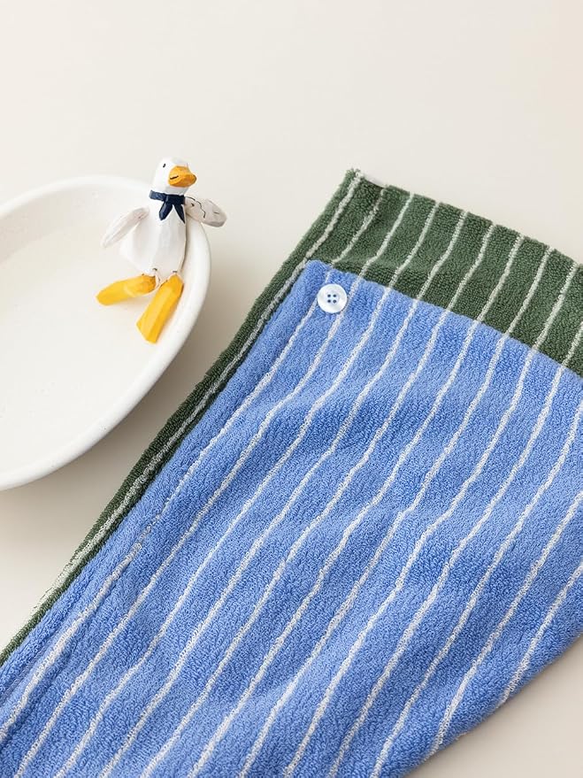 WENSHUO Azure Holiday-Striped Hair Towel Wrap-Drying Tool,100% Combed Cotton,Luxury Hair Dry Towels,Super Absorbent with Button Fasten(Pack of 1)