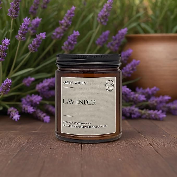 Arctic Wicks Scented Coconut Beeswax Candles | Coconut Beeswax Non Toxic Candle 9oz Amber | Farmhouse Candles Non-Toxic Clean Burn 100% USDA Certified Biobased (Lavender)