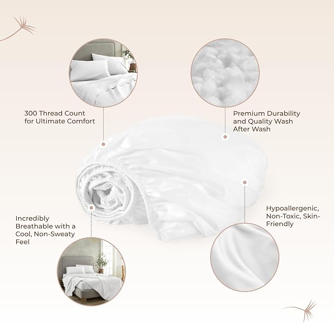 Organic Queen Fitted Sheet Only Deep Pocket - 100% Organic Cotton Sheets with Breathable 300 Thread Count Sateen Weave GOTS & Fairtrade Certified - Soft Fitted Bed Sheets Only (White, Queen)