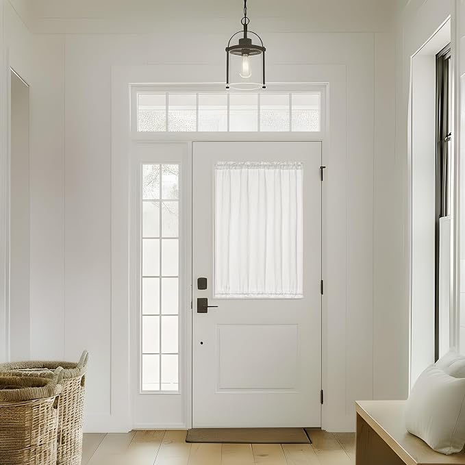 French Small Door Window Curtains 2 Panels Semi Sheer Ivory White 25 x 40 Inches Long Curtains Linen Privacy Front Back Door Curtain Rod Pocket for Kitchen Bedroom Half Curtain Light Filtering