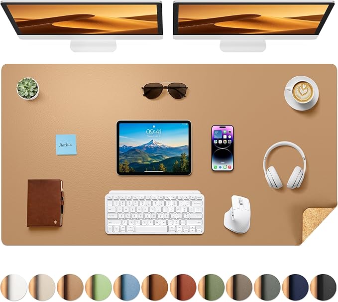 Aothia Cork Desk Mat - Dual-Sided XL PU Leather Desk Pad & Full Desk Protector, Large Waterproof Desktop Mat for Office & Gaming (47" x 23.6", Apricot)