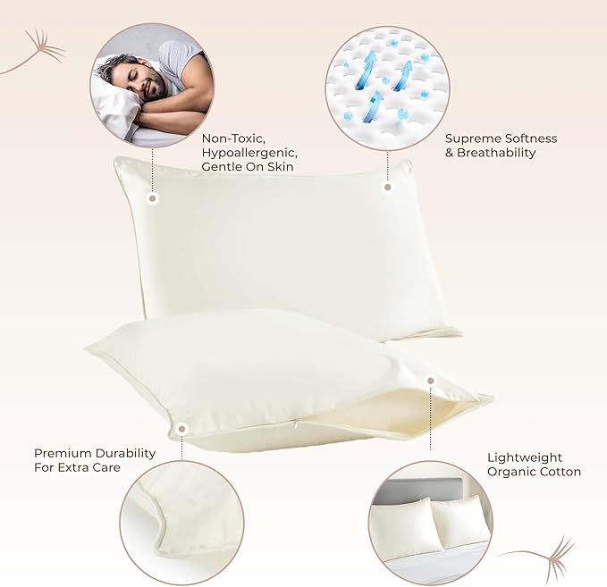 Organic Cotton Pillow Protector Queen Size - 100% Cotton GOTS Certified Pillow Case Protector with Zipper - Hypoallergenic Machine Washable Edge Piping & Breathable Cover - 2 Pack (Ivory, Queen)