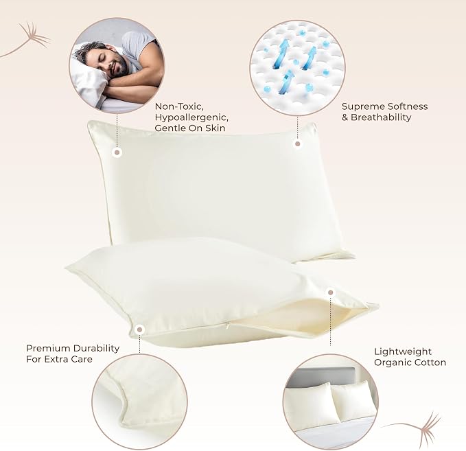 Organic Cotton Pillow Protector Standard Size - 100% Cotton GOTS Certified Pillow Case Protector with Zipper - Hypoallergenic Machine Washable Edge Piping & Breathable Cover - 2 Pack (Ivory, Standard)