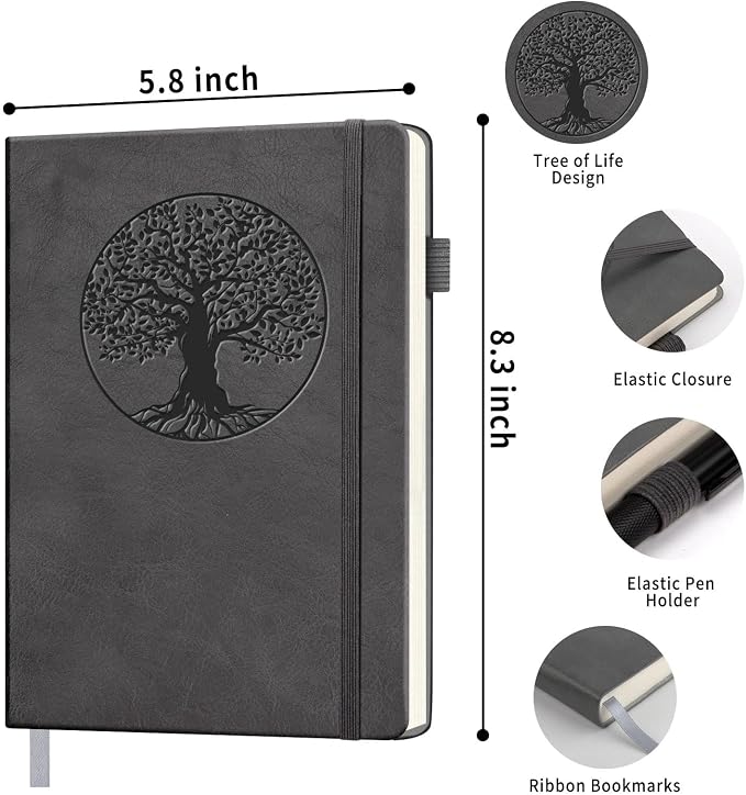 Lined Journal Notebook, A5 Leather Vintage Journals for Writing, 288 Pages College Ruled Notepad for Women Men, Vegan Leather Daily Notebook for Work, School, Travel, Note Taking(Tree of Life, Grey)