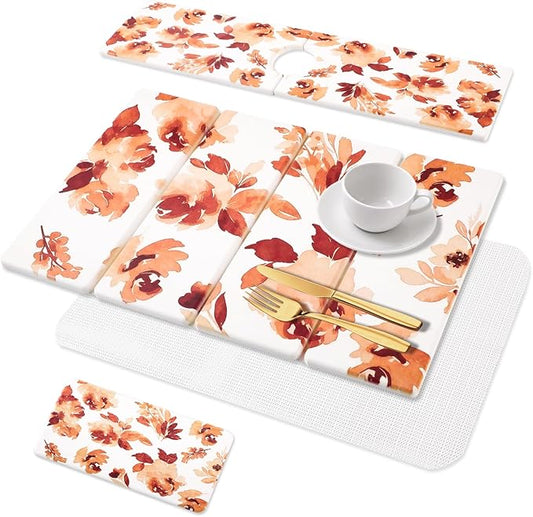 3 PCS Stone Dish Drying Mat for Kitchen Counter, Quick Dry Foldable Stone Dishes Mats, Water Absorbing Diatomaceous Earth Drying Organizer for Dishes Bottles, Cups and Tableware (Orange)