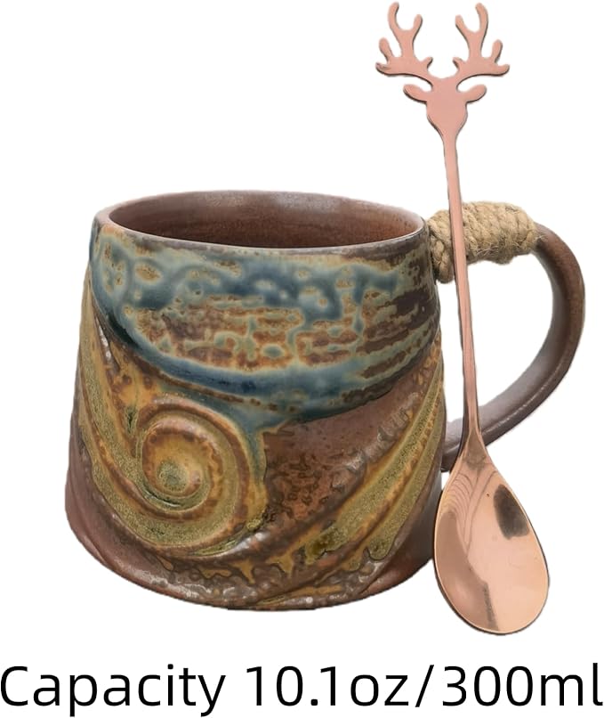 Vintage Ceramic Coffee Mug (with Handle), Handcrafted Lead-Free Ceramic Artistic Latte Cappuccino Espresso Tassee with Coffee Spoon, Coffee Mug, Tea Cup, Milk Tea Cup, 10oz