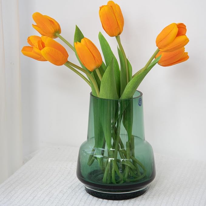Relexome Green Glass Flower Vase for Centerpieces Bouquet Flowers Modern Wide Mouth Glass Vase Decorative Bud Vases for Home Decor, Living Room, Kitchen, Dining Table, Entryway 7.3 Inch