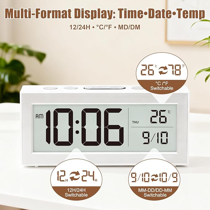 ALANAS Battery Operated Alarm Clock, Portable Digital Clock with Large Display, Snooze, Temperature & Date, Auto-Dim Night Light for Easy Reading, Ideal for Seniors, Kids, Bedroom, Travel, Nightstand