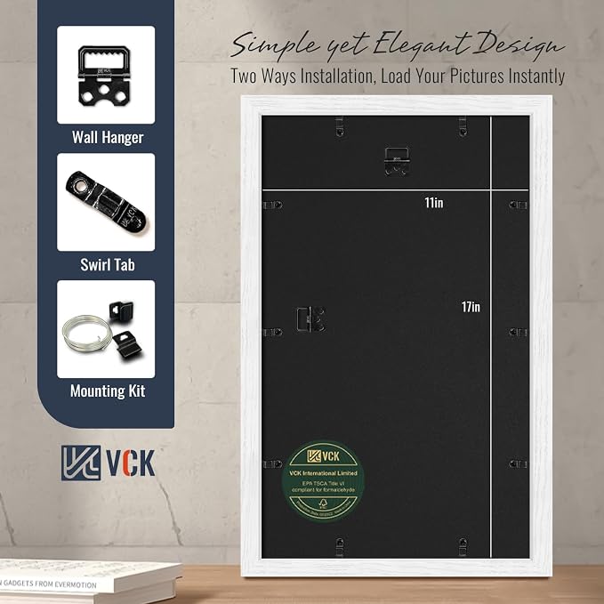VCK 11x17 Picture Frames White 3 Pack, Wide Border Wood, Tempered Glass, Display 8x12 Photo with Mat or 11 x 17 without, for Home, Office, Gallery, Woodgrain Series, Wall Hanging