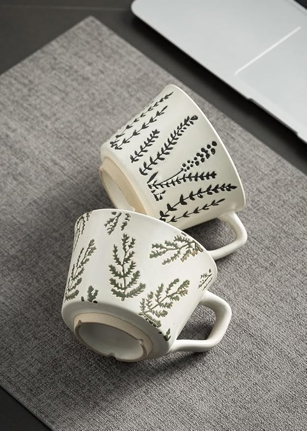 Handmade 12oz Coffee Mugs, Ceramic Coffee Mugs with Leaves Patterns for Man, Woman Modern Coffee Mug for Latte Cappuccino Cocoa, Dishwasher Microwave Safe, Stoneware Cup, Special Gifts, Lavender