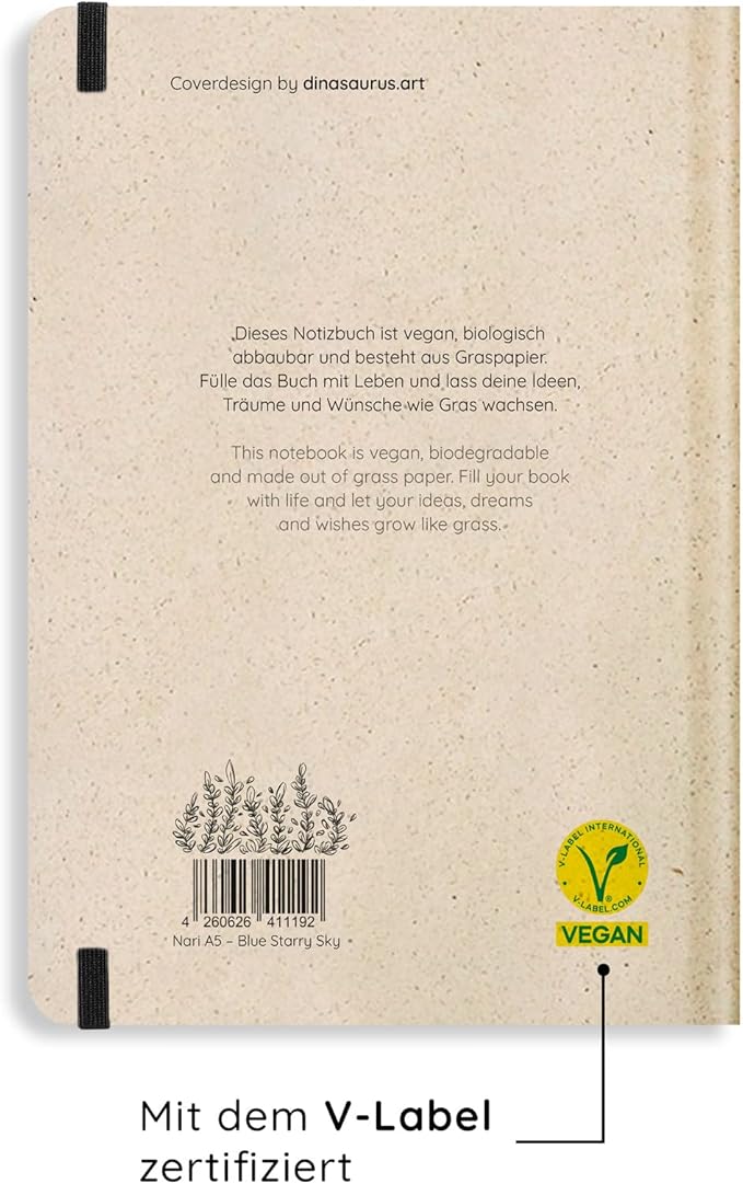 Sustainable and Vegan notebooks A5 in Sweet Grass Paper, Nari, 138 Pages, Nature, Handmade, Made in Germany (Blue Starry Sky (Lined))