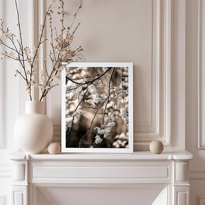 Monem Art Cherry Blossom Branch Photography Print - Moody Botanical Nature Art Poster - Wall Decor for Living Room, Bedroom or Office - 8x10 White Framed Wall Art by Mareike Bohmer