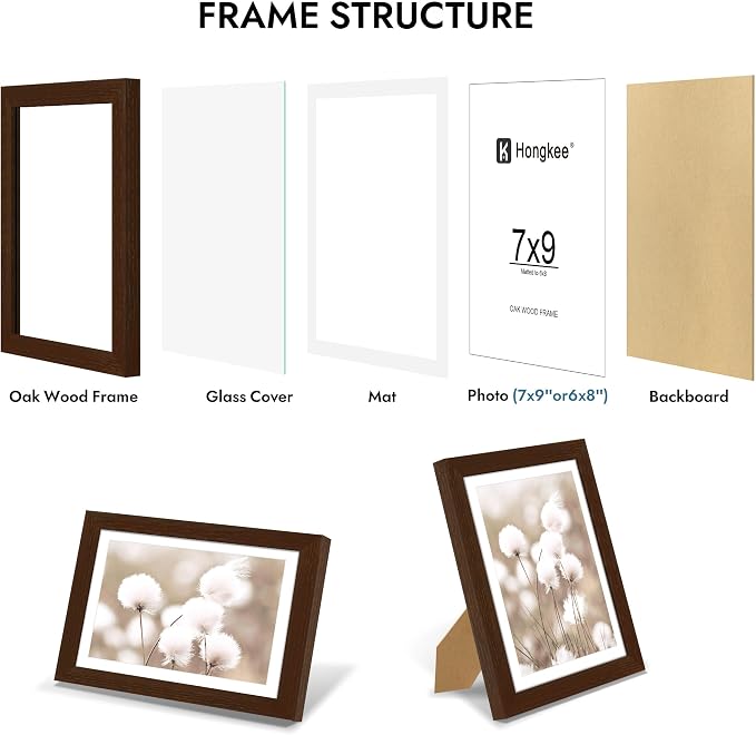 Hongkee 7x9 Oak Wood Picture Frame 1 Pack(Matted 6x8) with Real Glass Cover | Walnut, 7 x 9 Solid Wood Frame for Wall or Tabletop Display - Includes Easel Back, Vertical Hang - Ideal for Home, Office