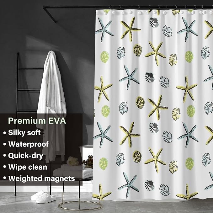 Plastic Shower Liner - Premium EVA 5G Shower Curtain Liner with Rustproof Grommets and 3 Weighted Magnets, Waterproof Shower Curtains for Bathroom (5G Starfish, 72" x 72")