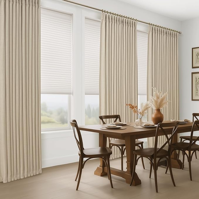High Ceiling Room Darkening Natural Linen Curtains 108 Inches Long for Dining Room 2 Panels Set, Neutral Pinch Pleated Light Beige Blackout Window Drapes with Back Tab 9 FT Office Large Viral Curtain