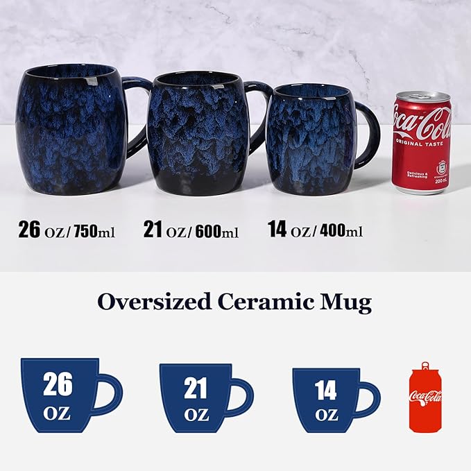 26 Oz Extra Large Ceramic Coffee Mug with Big Handle, 720ml Oversized Tea Cup for Office and Home Milk Cocoa, Microwave and Dishwasher Safe, Unique Handmade Texture Glaze Jumbo Coffee Cup (Deep Blue)