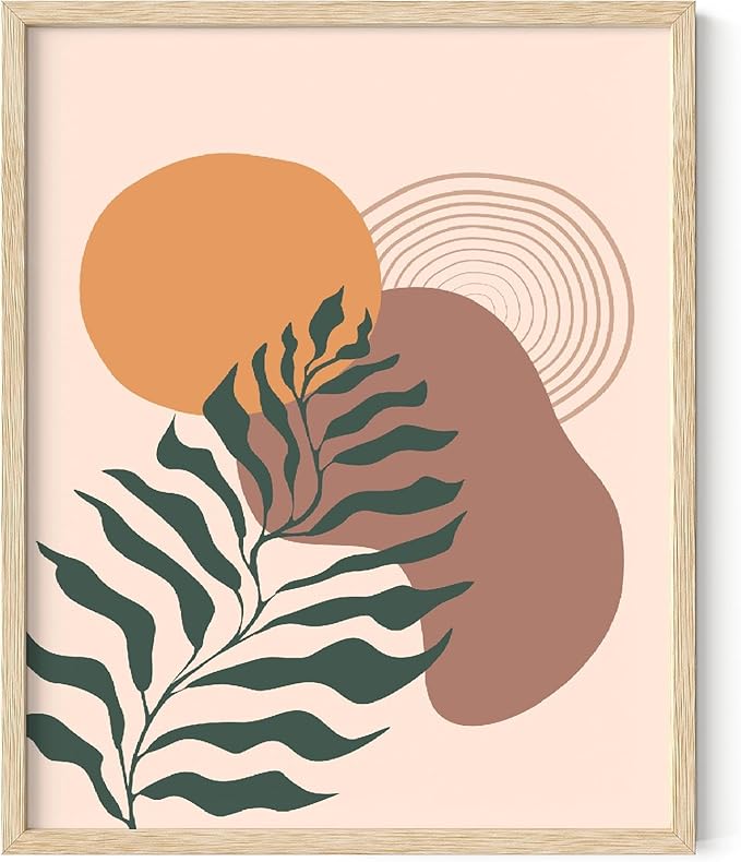 Boho Monstera Leaf Wall Art Abstract Sun Earth Tones Terracotta Mid Century Modern 16x20 Inch Oak Wood Beige Framed Minimalist Botanical Print for Living Room Office