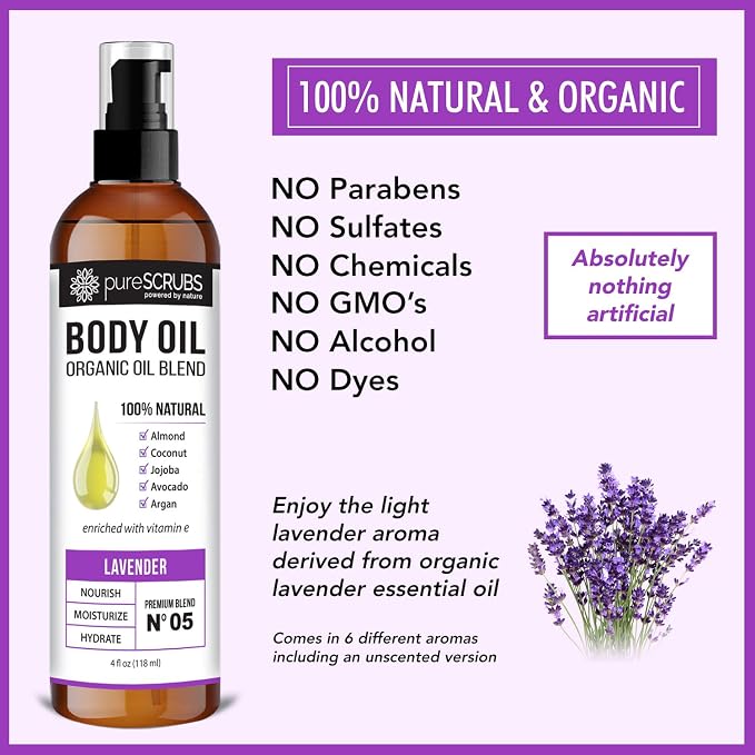 pureSCRUBS Ultra Moisturizing Lavender Body Oil for Dry Skin, 4 oz | Luxurious After Shower Body Oil for Soft, Silky, Glowing Skin, Non-Greasy, Fast Absorbing & Hydrating Formula with Vitamin E