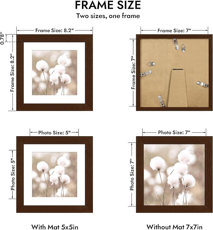 Hongkee 7x7 Oak Wood Picture Frame 1 Pack(Matted 5x5) with Real Glass Cover | Walnut, 7 x 7 Solid Wood Frame for Wall or Tabletop Display - Includes Easel Back, Vertical Hang - Ideal for Home, Office