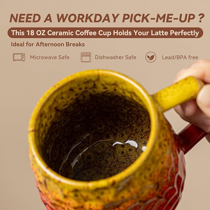 18oz Unique Yellow & Red Kiln-Change Ceramic Coffee Mug, Handcrafted Hammered Texture Ceramic Mug with Ergonomic Handle, Microwave & Dishwasher Safe, Gift for Coffee Lovers, Home Office Daily Use