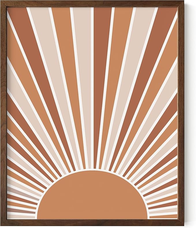 Boho Rising Sun Wall Art Sunburst Rays Earth Tones Terracotta Mid Century Modern 16x20 Inch Oak Wood Walnut Framed Minimalist Landscape Sunshine Print for Nursery Decor