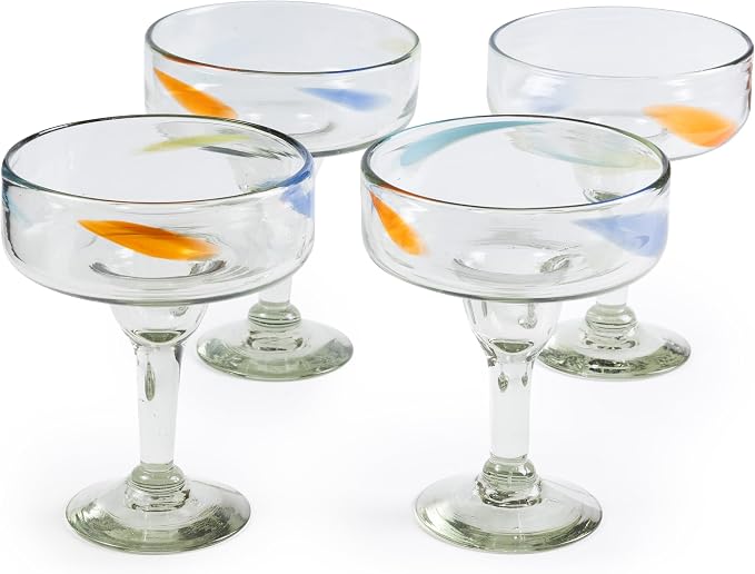 16 oz Hand Blown Mexican Margarita Glasses Set of 4 - Confetti Dots - MEXICAN GLASSWARE