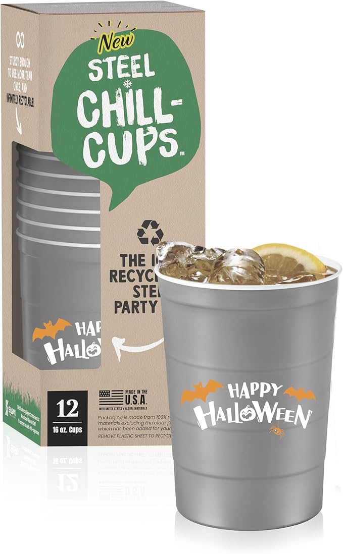 Steel Chill Cups 16 oz. Party Cups 'Happy Halloween' Ghost Design for Cold Drinks, Durable, Disposable, Recyclable, Made in USA, Gray, 12 Count