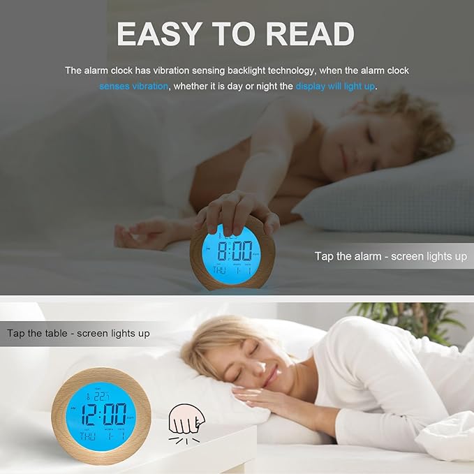 JoFomp Wooden Alarm Clock for Bedroom, 4'' LCD Nightlight Small Digital Clock Battery Operated, Loud Alarm Clock for Heavy Sleepers, Alarm Bedside Clock with Temp/Snooze/Date/Week/Countdown - 12/24H