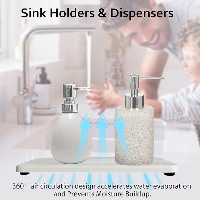 2-Pack Diatomite Soap Tray, Fast-Drying Water Absorbing Stone Tray for Bathroom & Kitchen Sink Counter, Anti-Skid Vanity Tray with Feet, White 8.3" x 4.0"
