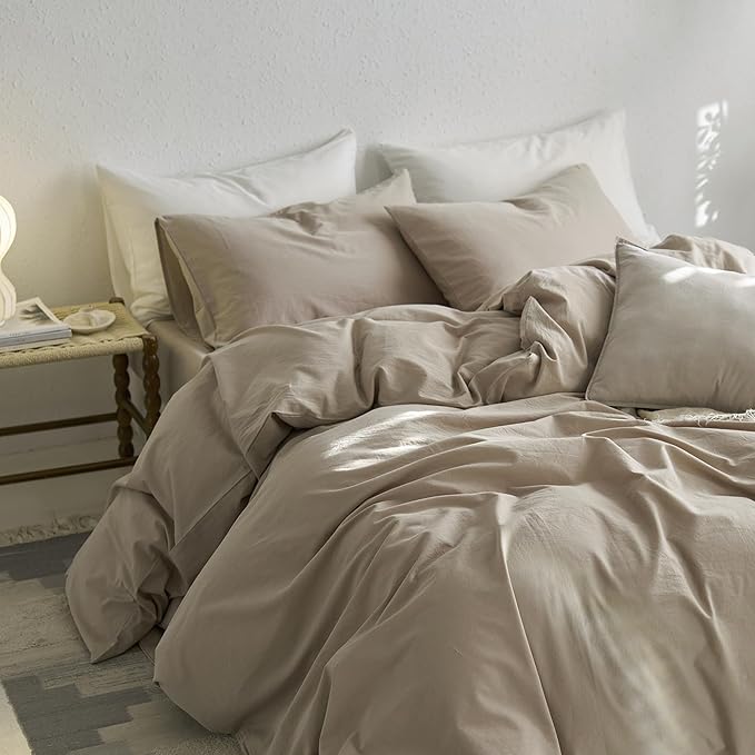 MooMee Duvet Cover Set, 100% Washed Cotton Linen Like Twill Thick Sturdy Material Super Soft Breathable Durable Bedding for All Season, 3 Pieces (Tannish Linen LikeGrey, Cal King 104"x98")