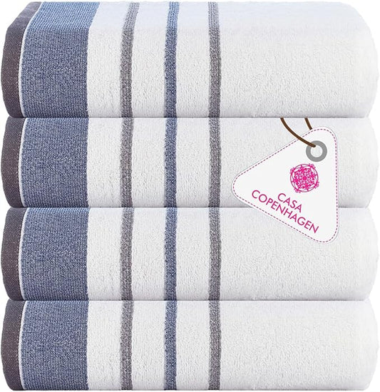 CASA COPENHAGEN White Bay 4Pcs 100% Egyptian Cotton Large Designer Towels Gift Set- Grey - Blue, 600 GSM, 55"x27", 4Bath Towels for Bathroom (Box Pack, Set for Women & Men)