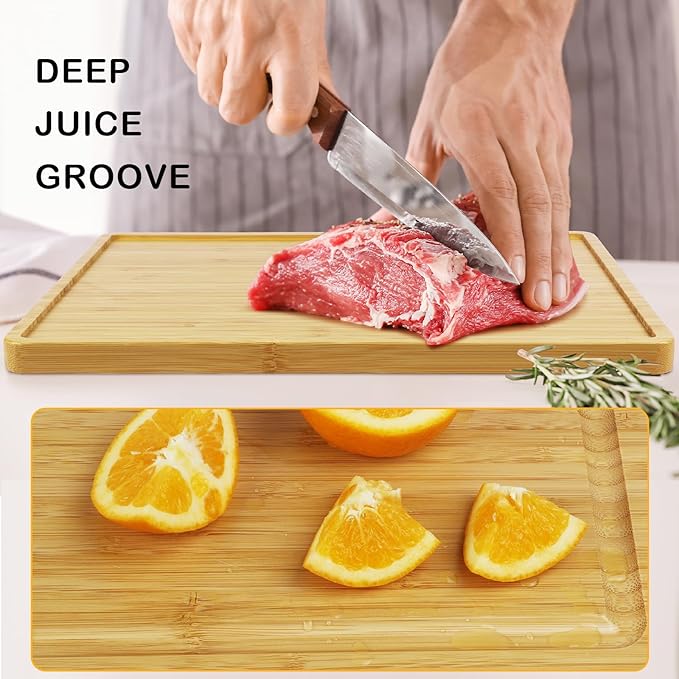 Bamboo Cutting Board set with 6 Pieces Flexible BPA free Plastic Colored Cutting mats for Meat and Vegetables, Durable 2-in-1 Serving Tray and Cutting Board for Kitchen