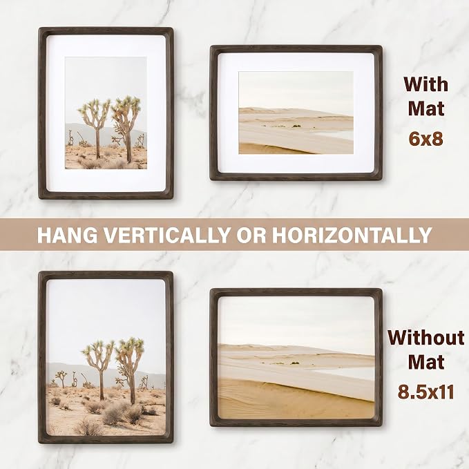 8.5 by 11 Picture Frame, Natural Wenge Wood Photo Frames with HD Tempered Glass, Handcrafted Rounded Corner 8.5 x 11 Wooden Frames Matted to 6x8 Photos, 8.5x11 Frame, Tabletop or Wall Display