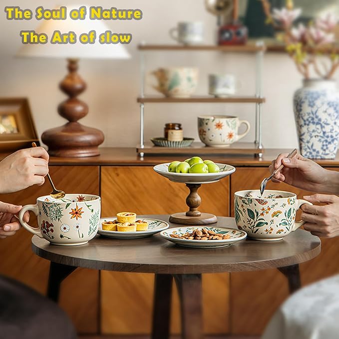 Ceramic Mugs for Men & Women, Unique Microwave & Dishwasher Safe Tea/Coffee Rustic Stoneware Cups for Office & Home (Graceful Bloom Breakfast Mug)