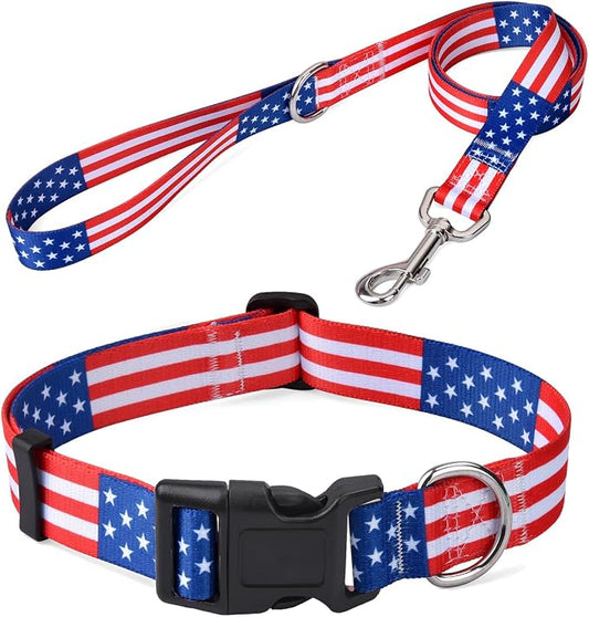 Mihqy American Flag Dog Collar and Leash Set- Patriotic, US Flag Pattern, Star & Stripes, Fourth of July Dog Collar, Adjustable for Small Medium Large Dogs(Classic US Set,XS)