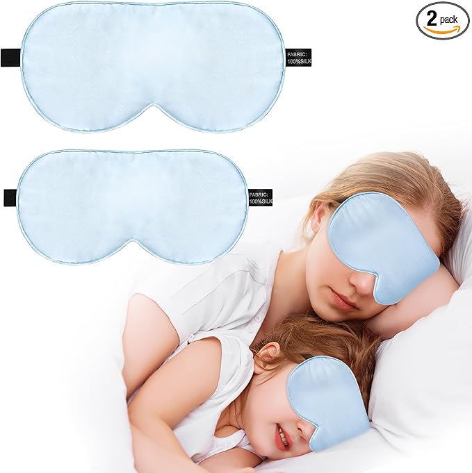 Silk Sleep Mask Eye Cover, 100% Real Natural Eye Mask for Sleeping with Adjustable Strap, 100% Silk Filling Blindfold, sleepmask for Kids/Teens/Adults, Sleeping Masks for Family (2 Blue)