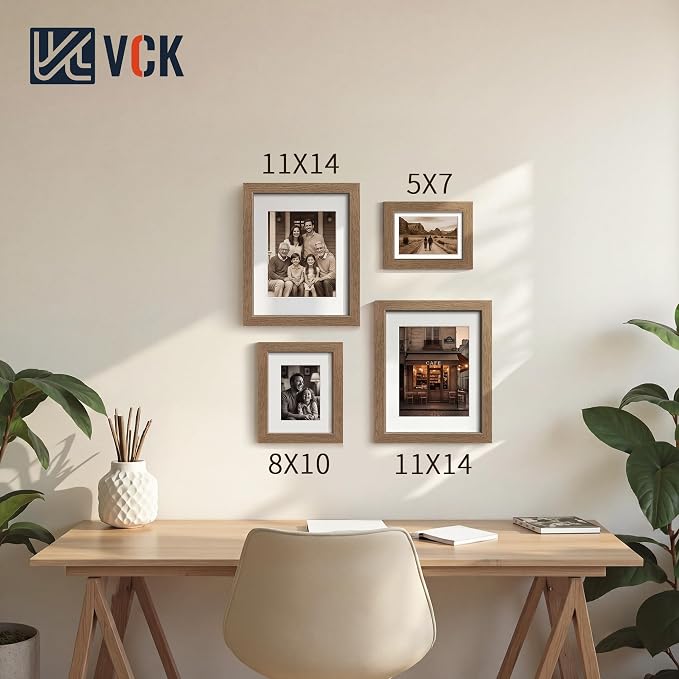 VCK 8x10 Picture Frames Walnut 3 Pack, Wide Border Wood, Tempered Glass, Display 5x7 Poster Photo with Mat or 8 x 10 Without, for Home, Office, Gallery, Woodgrain Series, Tabletop & Wall Hanging