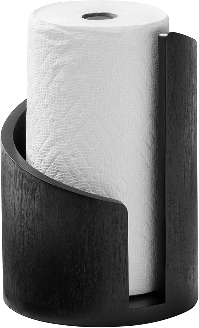 Anji Mountain Wooden Paper Towel Holder Countertop with Mango Wood Round Base and Iron Holder, Holder Stand for Kitchen Roll Organizer & Kitchen Dining Table Home Decor - Black/Black, Classic
